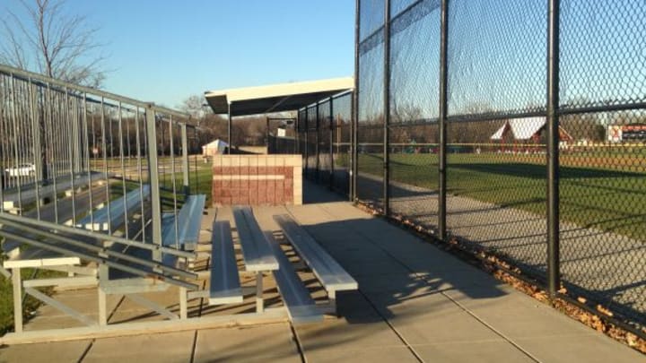Dec 4, 2015; Jennings, MO, USA; Stan Musial field bleachers and dugout built by St Louis Cardinals Care charity. Mandatory Credit: Paul Layton