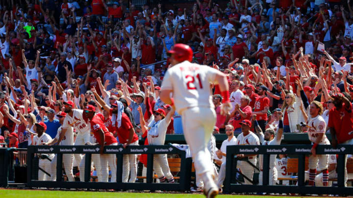 ST. LOUIS, MO - SEPTEMBER 15: Patrick Wisdom #21 of the St. Louis Cardinals hits a grand slam against the Los Angeles Dodgers in the fourth inning at Busch Stadium on September 15, 2018 in St. Louis, Missouri. (Photo by Dilip Vishwanat/Getty Images)