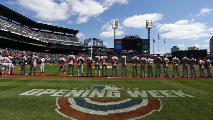 PITTSBURGH, PA – APRIL 01: The St. Louis Cardinals stand on the baseline before the start of the game against the Pittsburgh Pirates at the home opener at PNC Park on April 1, 2019 in Pittsburgh, Pennsylvania. (Photo by Justin K. Aller/Getty Images)