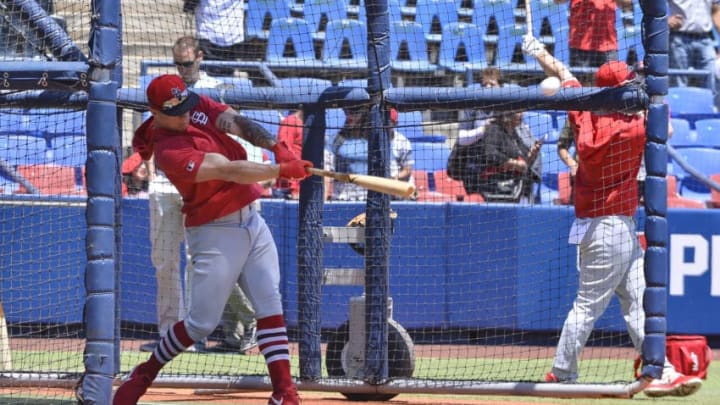 MONTERREY, MEXICO - APRIL 14: Tyler O'Neill #41 of the St. Louis Cardinals warms up prior the second game of the Mexico Series between the Cincinnati Reds and the St. Louis Cardinals at Estadio de Beisbol Monterrey on April 14, 2019 in Monterrey, Nuevo Leon. (Photo by Azael Rodriguez/Getty Images)