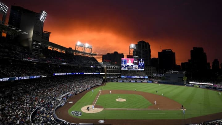SAN DIEGO, CA - JUNE 29: The sun sets as Chris Paddack #59 of the San Diego Padres pitches to Kolten Wong #16 of the St. Louis Cardinals during the third inning of a baseball game at Petco Park June 29, 2019 in San Diego, California. (Photo by Denis Poroy/Getty Images)