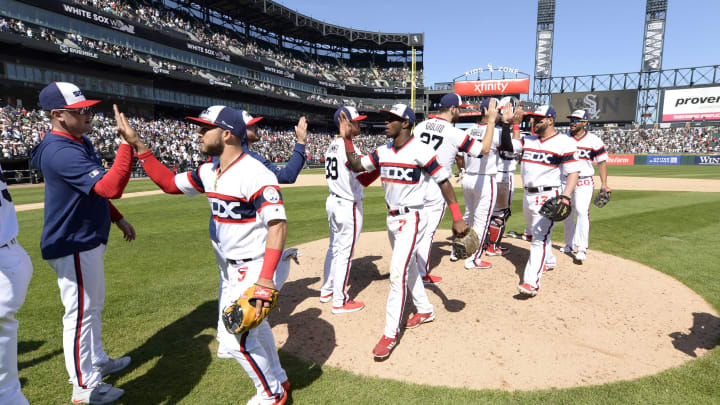 CHICAGO – JUNE 02: Tim Anderson #7, Lucas Giolito #27 and other members of the Chicago White Sox celebrate after the game against the Cleveland Indians on June 2, 2019 at Guaranteed Rate Field in Chicago, Illinois. (Photo by Ron Vesely/MLB Photos via Getty Images)