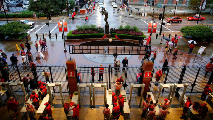 ST LOUIS, MO - AUGUST 30: Fans leave game Busch Stadium after a game between the St. Louis Cardinals and the Cincinnati Reds was cancelled due heavy rainfall at on August 30, 2019 in St Louis, Missouri. (Photo by Dilip Vishwanat/Getty Images)