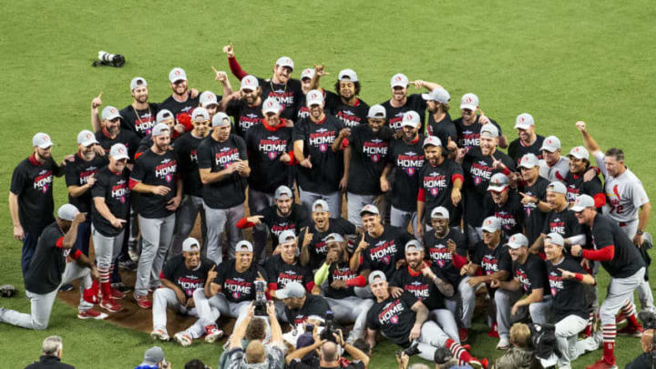 ATLANTA, GA - OCTOBER 9: The St. Louis Cardinals pose for a team photo after winning Game Five of the National League Division Series over the Atlanta Braves 13-1 at SunTrust Park on October 9, 2019 in Atlanta, Georgia. (Photo by Carmen Mandato/Getty Images)