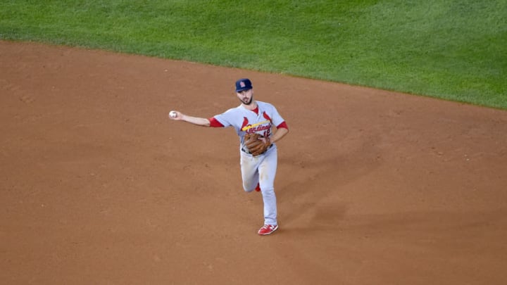 WASHINGTON, DC - OCTOBER 14: Paul DeJong #12 of the St. Louis Cardinals throws to first base against the Washington Nationals during the fifth inning of Game Three of the National League Championship Series at Nationals Park on October 14, 2019 in Washington, DC. (Photo by Will Newton/Getty Images)