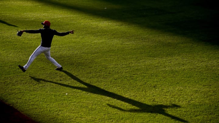 WASHINGTON, DC - OCTOBER 15: Victor Robles #16 of the Washington Nationals warms up prior to playing against the St. Louis Cardinals in Game Four of the National League Championship Series at Nationals Park on October 15, 2019 in Washington, DC. (Photo by Will Newton/Getty Images)