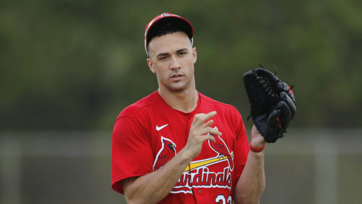 JUPITER, FLORIDA - FEBRUARY 19: Jack Flaherty #22 of the St. Louis Cardinals looks on during a team workout at Roger Dean Chevrolet Stadium on February 19, 2020 in Jupiter, Florida. (Photo by Michael Reaves/Getty Images)
