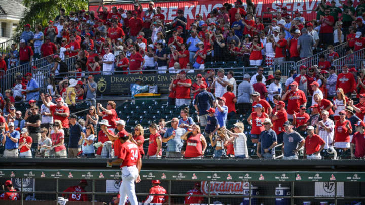 JUPITER, FLORIDA - MARCH 12: St. Louis Cardinals fans cheer after the spring training game against the Miami Marlins at Roger Dean Chevrolet Stadium on March 12, 2020 in Jupiter, Florida. Major League Baseball is suspending Spring Training and the first two weeks of the regular season due to the ongoing threat of the Coronavirus (COVID-19) outbreak. (Photo by Mark Brown/Getty Images)