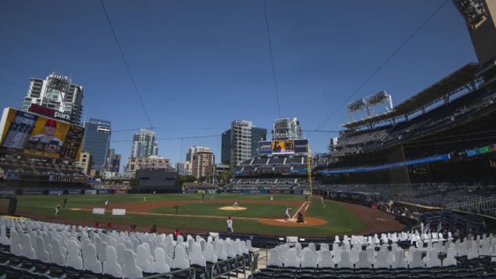 SAN DIEGO, CA - SEPTEMBER 23: Mike Clevinger #52 of the San Diego Padres delivers a pitch to Mike Trout #27 of the Los Angeles Angels in the top of the first inning at PETCO Park on September 23, 2020 in San Diego, California. (Photo by Matt Thomas/San Diego Padres/Getty Images)