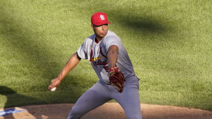 CHICAGO, ILLINOIS - AUGUST 19: Johan Oviedo #59 of the St Louis Cardinals pitches during the first inning of Game Two of a doubleheader against the Chicago Cubs at Wrigley Field on August 19, 2020 in Chicago, Illinois. (Photo by Nuccio DiNuzzo/Getty Images)