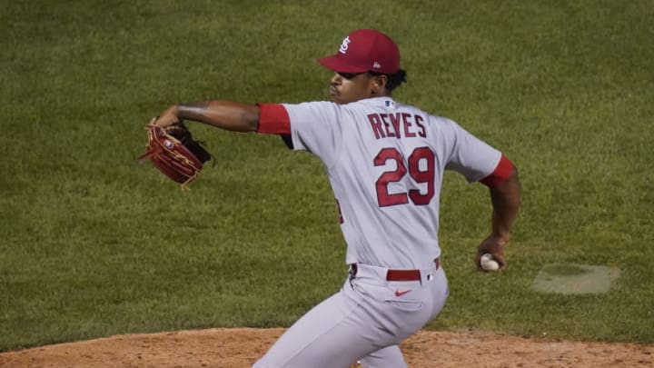 Alex Reyes #29 of the St. Louis Cardinals throws a pitch during the seventh inning of a game against the Chicago Cubs at Wrigley Field on September 06, 2020 in Chicago, Illinois. (Photo by Nuccio DiNuzzo/Getty Images)