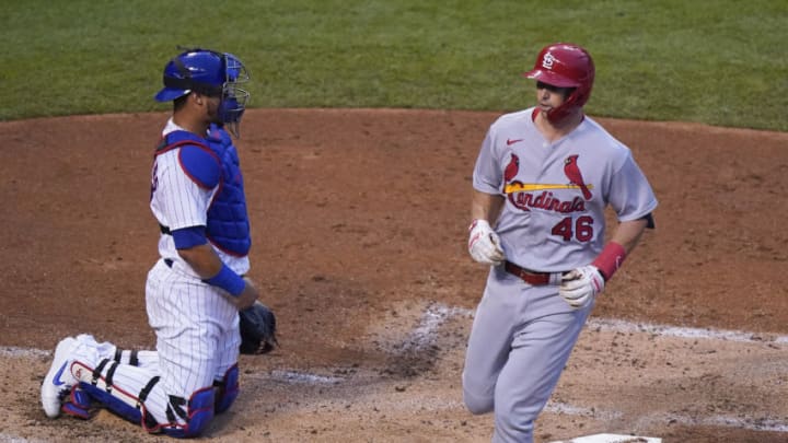 CHICAGO, ILLINOIS - SEPTEMBER 06: Paul Goldschmidt #46 of the St. Louis Cardinals comes home following his three run home run during the third inning of a game against the Chicago Cubs at Wrigley Field on September 06, 2020 in Chicago, Illinois. (Photo by Nuccio DiNuzzo/Getty Images)