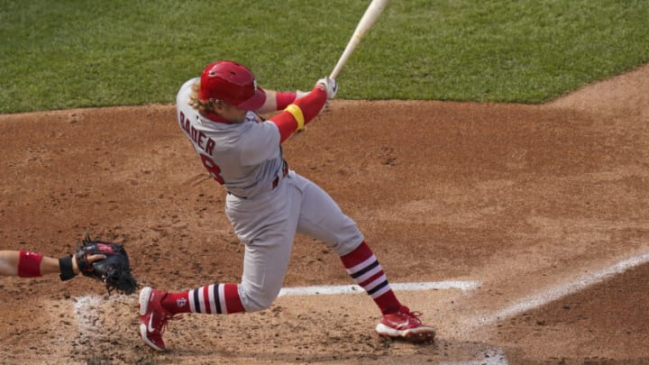 Harrison Bader #48 of the St. Louis Cardinals hits a double during the third inning of a game against the Chicago Cubs at Wrigley Field on September 07, 2020 in Chicago, Illinois. (Photo by Nuccio DiNuzzo/Getty Images)