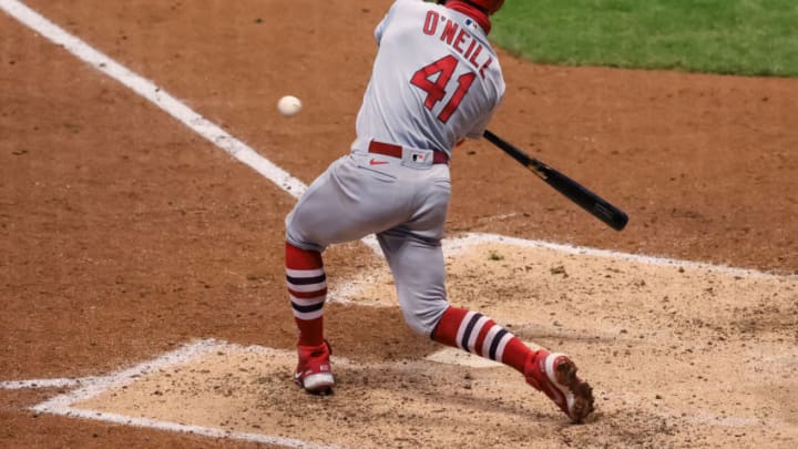 MILWAUKEE, WISCONSIN - SEPTEMBER 14: Tyler O'Neill #41 of the St. Louis Cardinals hits a single in the fifth inning against the Milwaukee Brewers during game two of a doubleheader at Miller Park on September 14, 2020 in Milwaukee, Wisconsin. (Photo by Dylan Buell/Getty Images)