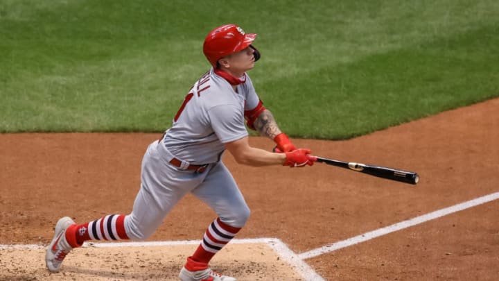 MILWAUKEE, WISCONSIN - SEPTEMBER 16: Tyler O'Neill #41 of the St. Louis Cardinals hits a sacrifice fly in the fourth inning against the Milwaukee Brewers during game one of a doubleheader at Miller Park on September 16, 2020 in Milwaukee, Wisconsin. (Photo by Dylan Buell/Getty Images)