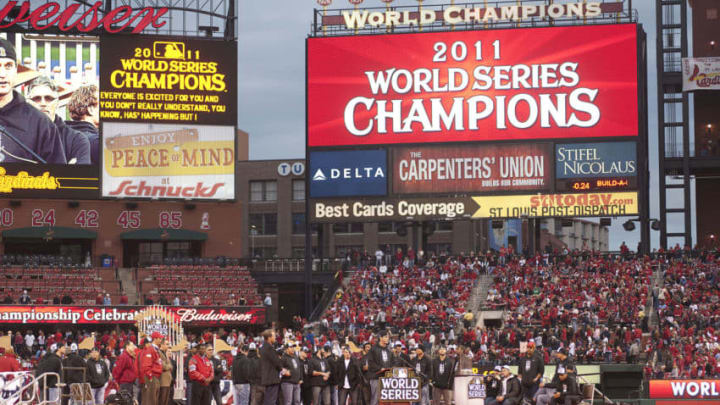 ST. LOUIS, MO - OCTOBER 30: Third baseman David Freese of the St. Louis Cardinals takes the podium during the World Series victory parade inside Busch Stadium on October 30, 2011 in St Louis, Missouri. (Photo by Ed Szczepanski/Getty Images)