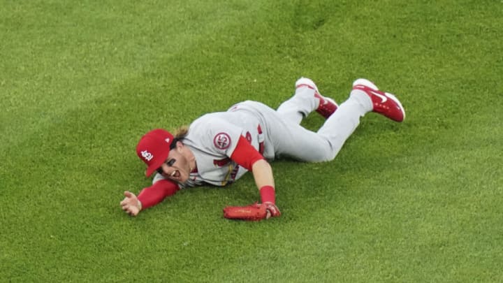 Harrison Bader #48 of the St. Louis Cardinals gets injured during a game against the Chicago White Sox at Guaranteed Rate Field on May 24, 2021 in Chicago, Illinois. (Photo by Nuccio DiNuzzo/Getty Images)
