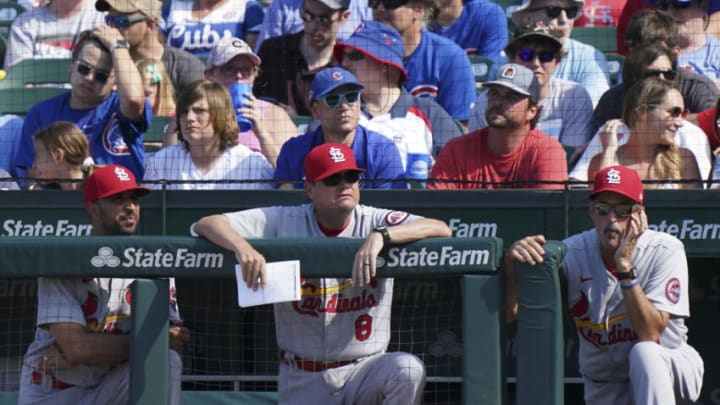 CHICAGO, ILLINOIS - JUNE 11: Center, manager Mike Shildt #8 of the St. Louis Cardinals watches his team during the eighth inning of a game against the Chicago Cubs at Wrigley Field on June 11, 2021 in Chicago, Illinois. (Photo by Nuccio DiNuzzo/Getty Images)