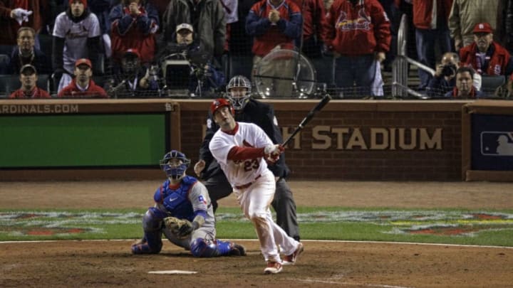 ST LOUIS, MO - OCTOBER 27: David Freese #23 of the St. Louis Cardinals hits a walk off solo home run in the 11th inning to win Game Six of the MLB World Series against the Texas Rangers at Busch Stadium on October 27, 2011 in St Louis, Missouri. The Cardinals won 10-9. (Photo by Rob Carr/Getty Images)