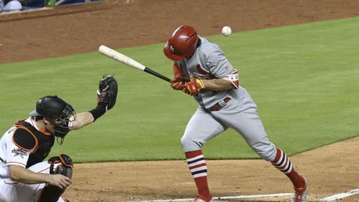 MIAMI, FL - MAY 09: Randal Grichuk #15 of the St. Louis Cardinals gets hit by a pitch in the 4th inning against the Miami Marlins at Marlins Park on May 9, 2017 in Miami, Florida. (Photo by Eric Espada/Getty Images) MIAMI, FL - MAY 09: Randal Grichuk #15 of the St. Louis Cardinals gets hit by a pitch in the 4th inning against the Miami Marlins at Marlins Park on May 9, 2017 in Miami, Florida. (Photo by Eric Espada/Getty Images)