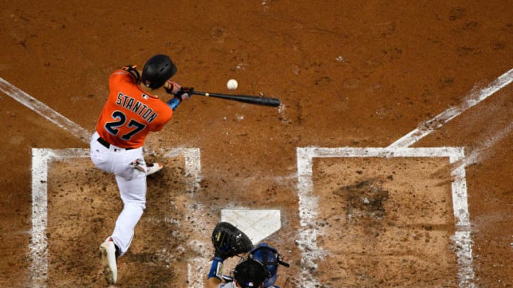 MIAMI, FL - JULY 16: Giancarlo Stanton #27 of the Miami Marlins attempts a hit during the game between the Miami Marlins and the Los Angeles Dodgers at Marlins Park on July 16, 2017 in Miami, Florida. (Photo by Mark Brown/Getty Images)