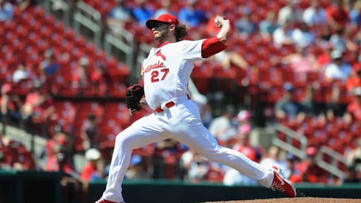ST. LOUIS, MO - MAY 23: Brett Cecil #27 of the St. Louis Cardinals pitches against the Kansas City Royals in the 10th inning at Busch Stadium on May 23, 2018 in St. Louis, Missouri. The Royals defeated the Cardinals 5-2. (Photo by Michael B. Thomas /Getty Images)