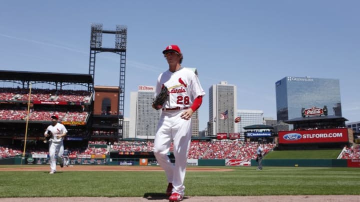 ST. LOUIS, MO - APRIL 29: Colby Rasmus #28 of the St. Louis Cardinals comes off the field in between innings against the Atlanta Braves at Busch Stadium on April 29, 2010 in St. Louis, Missouri. The Cardinals defeated the Braves 10-4. (Photo by Joe Robbins/Getty Images)