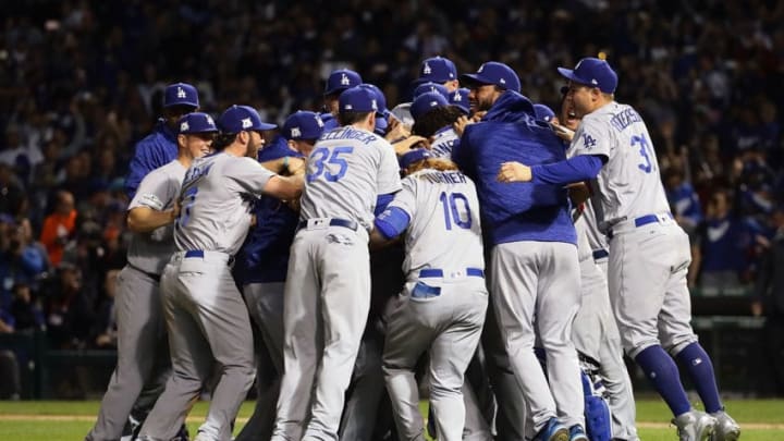 CHICAGO, IL - OCTOBER 19: The Los Angeles Dodgers celebrate defeating the Chicago Cubs 11-1 in game five of the National League Championship Series at Wrigley Field on October 19, 2017 in Chicago, Illinois. The Dodgers advance to the 2017 World Series. (Photo by Jonathan Daniel/Getty Images)