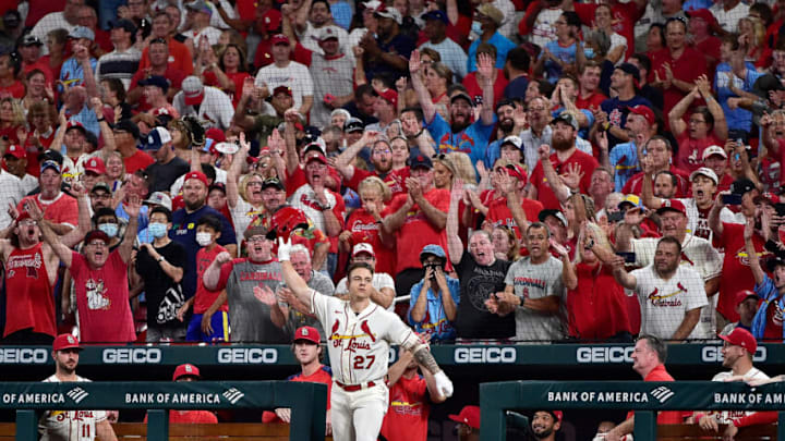 Tyler O'Neill #27 of the St. Louis Cardinals receives a curtain call after hitting a go-ahead two run home run during the eighth inning against the San Diego Padres at Busch Stadium on September 18, 2021 in St Louis, Missouri. (Photo by Jeff Curry/Getty Images)