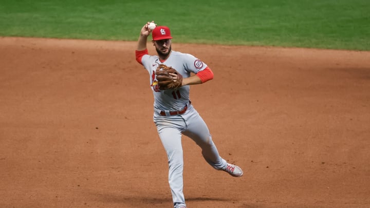 MILWAUKEE, WISCONSIN – SEPTEMBER 14: Paul DeJong #11 of the St. Louis Cardinals throws to first base in the seventh inning against the Milwaukee Brewers during game one of a doubleheader at Miller Park on September 14, 2020 in Milwaukee, Wisconsin. (Photo by Dylan Buell/Getty Images)