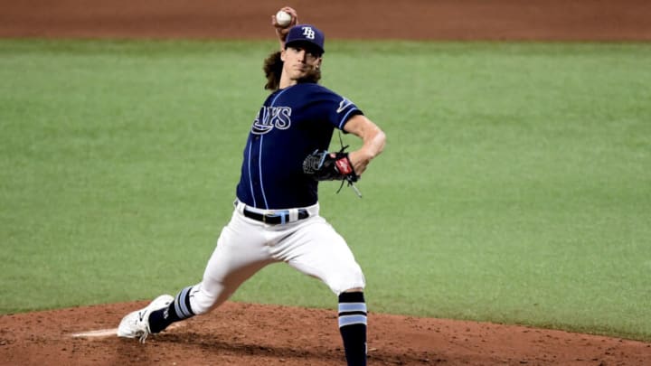 ST PETERSBURG, FLORIDA - JUNE 08: Tyler Glasnow #20 of the Tampa Bay Rays throws a pitch during the fifth inning against the Washington Nationals at Tropicana Field on June 08, 2021 in St Petersburg, Florida. (Photo by Douglas P. DeFelice/Getty Images)