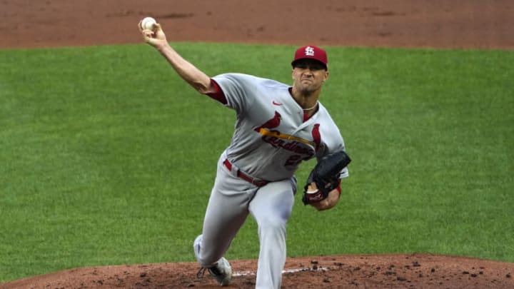 Jack Flaherty #22 of the St. Louis Cardinals throws in the first inning against the Kansas City Royals at Kauffman Stadium on August 13, 2021 in Kansas City, Missouri. (Photo by Ed Zurga/Getty Images)