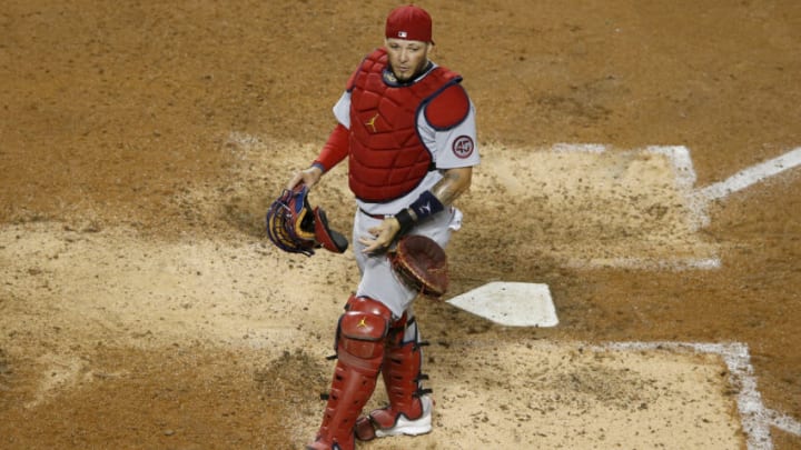 Yadier Molina #4 of the St. Louis Cardinals in action against the New York Mets at Citi Field on September 15, 2021 in New York City. The Cardinals defeated the Mets 11-4. (Photo by Jim McIsaac/Getty Images)