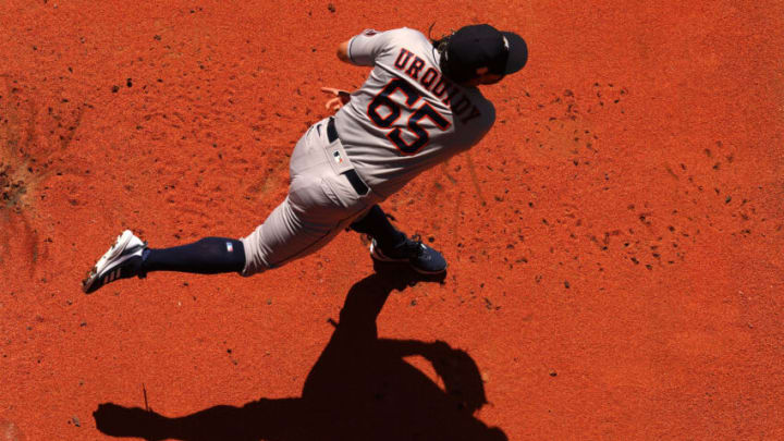 Houston Astros' Jose Urquidy (65) leaves the game during the