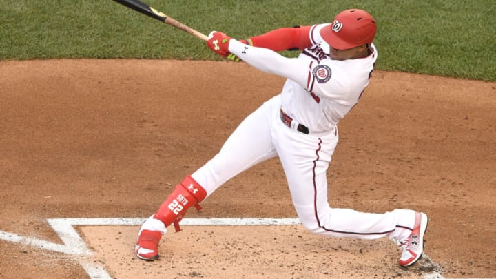 WASHINGTON, DC - JUNE 16: Juan Soto #22 of the Washington Nationals takes a swing during a baseball game against the Philadelphia Phillies at Nationals Park on June 16, 2022 in Washington, DC. (Photo by Mitchell Layton/Getty Images)