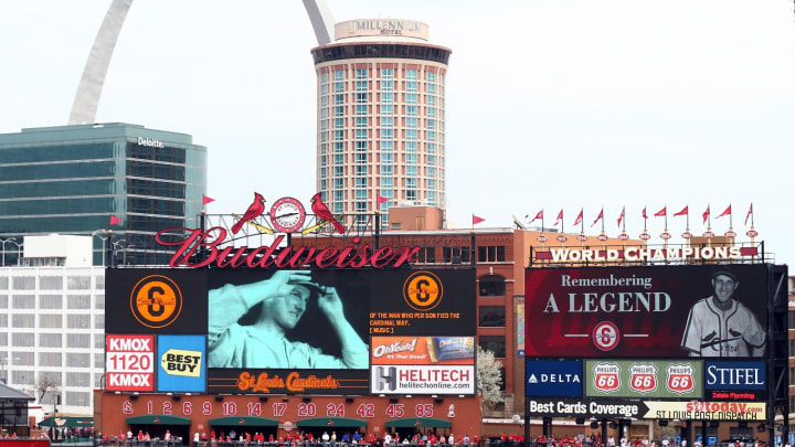ST. LOUIS, MO – APRIL 08: St. Louis Cardinals legend Stan Musial is remembered in a pregame ceremony before the Opening Day game between the St. Louis Cardinals and the Cincinnati Reds on April 8, 2013 at Busch Stadium in St. Louis, Missouri. (Photo by Elsa/Getty Images)