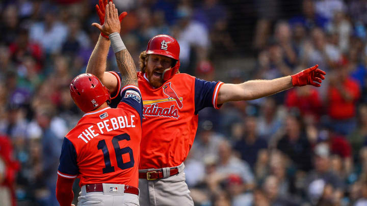 DENVER, CO – AUGUST 24: Miles Mikolas #39 of the St. Louis Cardinals celebrates with Kolten Wong #16 after hitting a second inning 2-run homerun against the Colorado Rockies during Players Weekend at Coors Field on August 24, 2018 in Denver, Colorado. Players are wearing special jerseys with their nicknames on them during Players’ Weekend. (Photo by Dustin Bradford/Getty Images)