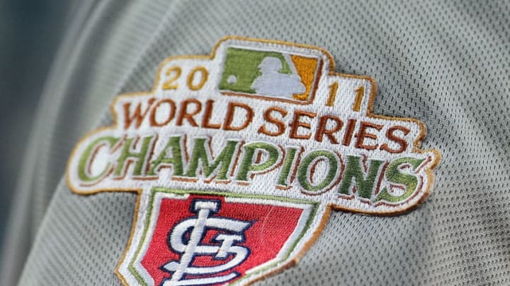 DETROIT, MI - JUNE 20: The St Louis Cardinals are wearing a shoulder patch during the 2012 season recognizing their 2011 World Series Championship during a MLB interleague game against the Detroit Tigers and the at Comerica Park on June 20, 2012 in Detroit, Michigan. The Cardinals won 3-1. (Photo by Dave Reginek/Getty Images)