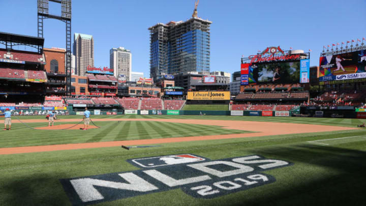 ST LOUIS, MISSOURI - OCTOBER 07: A general view as groundskeepers ready the field prior to game four of the National League Division Series between the Atlanta Braves and the St. Louis Cardinals at Busch Stadium on October 07, 2019 in St Louis, Missouri. (Photo by Scott Kane/Getty Images)