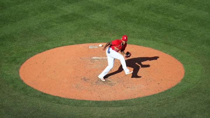 ST LOUIS, MO - JULY 22: Carlos Martinez #18 of the St. Louis Cardinals delivers a pitch against the Kansas City Royals in the sixth inning at Busch Stadium on July 22, 2020 in St Louis, Missouri. (Photo by Dilip Vishwanat/Getty Images)
