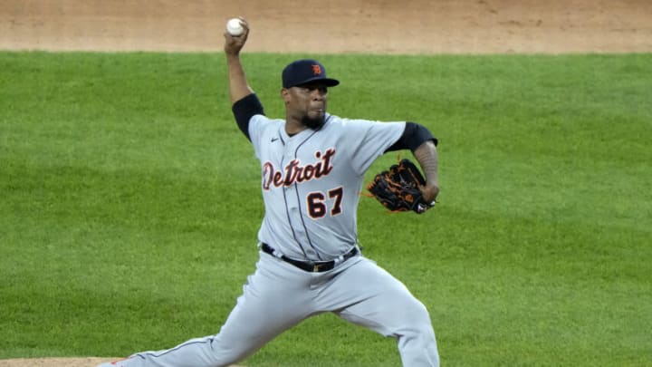 Jun 4, 2021; Chicago, Illinois, USA; Detroit Tigers relief pitcher Jose Cisnero (67) throws a pitch against the Chicago White Sox during the ninth inning at Guaranteed Rate Field. Mandatory Credit: Mike Dinovo-USA TODAY Sports