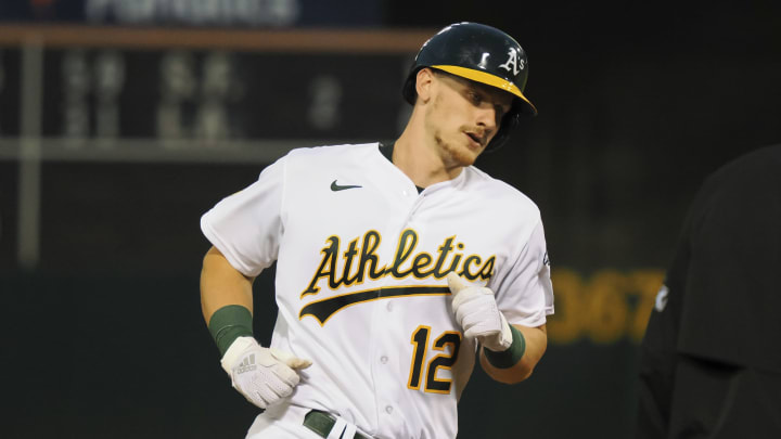 Sep 6, 2022; Oakland, California, USA; Oakland Athletics catcher Sean Murphy (12) rounds the bases on a two-run home run against the Atlanta Braves. Mandatory Credit: Kelley L Cox-USA TODAY Sports