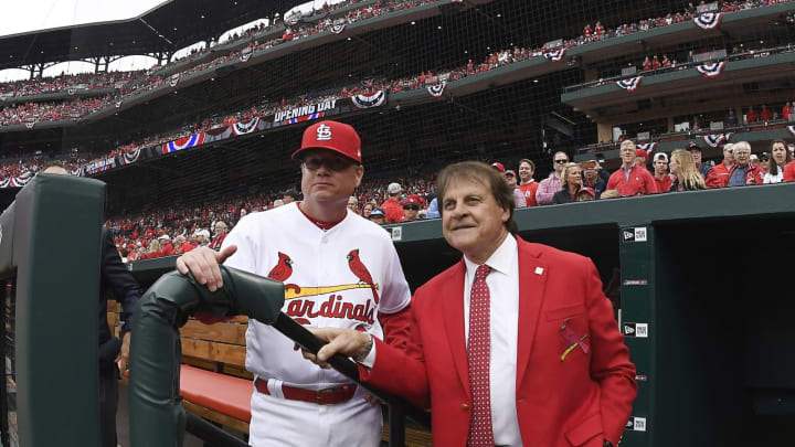 Apr 5, 2019; St. Louis, MO, USA; St. Louis Cardinals manager Mike Shildt (8) talks with former manager Tony LaRussa prior to the Cardinals home opener against the San Diego Padres at Busch Stadium. Mandatory Credit: Jeff Curry-USA TODAY Sports