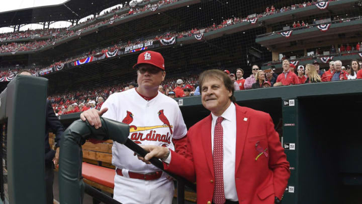 Apr 5, 2019; St. Louis, MO, USA; St. Louis Cardinals manager Mike Shildt (8) talks with former manager Tony LaRussa prior to the Cardinals home opener against the San Diego Padres at Busch Stadium. Mandatory Credit: Jeff Curry-USA TODAY Sports
