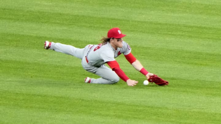 Harrison Bader (48) attempts to make a diving catch against the Chicago White Sox during the third inning at Guaranteed Rate Field. Mandatory Credit: Mike Dinovo-USA TODAY Sports