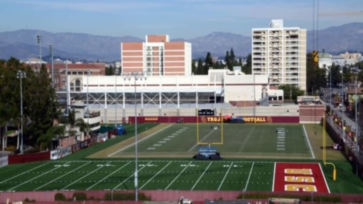 Nov 30, 2015; Los Angeles, CA, USA; General view of Howard Jones Field, the practice facility for the Southern California Trojans football program. Mandatory Credit: Kirby Lee-USA TODAY Sports