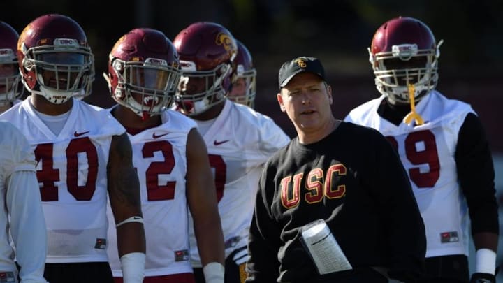 Mar 8, 2016; Los Angeles, CA, USA; Southern California Trojans defensive coordinator Clancy Pendergast during spring practice at Howard Jones Field. Mandatory Credit: Kirby Lee-USA TODAY Sports