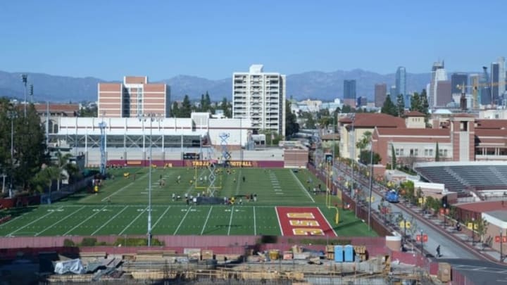 Mar 8, 2016; Los Angeles, CA, USA; General view of Southern California Trojans spring practice at Howard Jones Field with the downtown Los Angeles skyline as a backdrop. Mandatory Credit: Kirby Lee-USA TODAY Sports