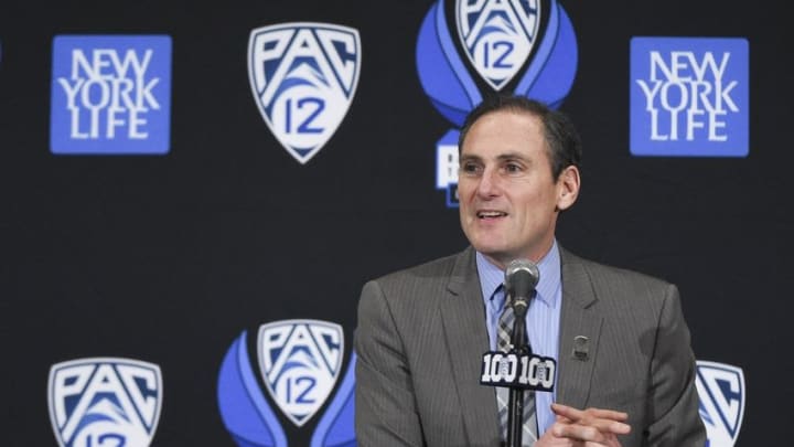 March 11, 2016; Las Vegas, NV, USA; Pac-12 commissioner Larry Scott addresses the media in a press conference before the semifinals of the Pac-12 Conference tournament between the Oregon State Beavers and the California Golden Bears at MGM Grand Garden Arena. Mandatory Credit: Kyle Terada-USA TODAY Sports