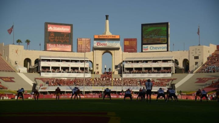 Oct 18, 2014; Los Angeles, CA, USA; A general view of the Los Angeles Memorial Coliseum during the game against the Colorado Buffaloes against the Southern California Trojans. Mandatory Credit: Kirby Lee-USA TODAY Sports